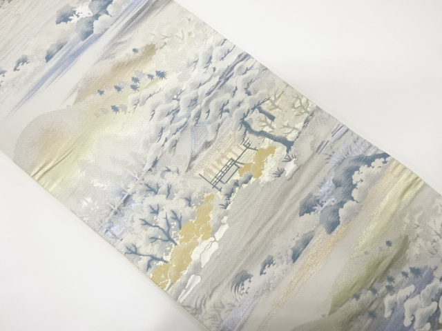 アンティーク　屋敷風景模様織り出し袋帯（着用可）